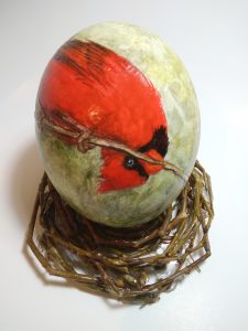 Cardinal, Watercolour on ostrich eggshell